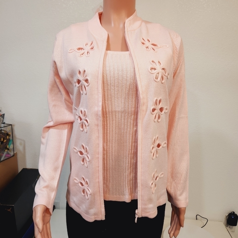 Susan Graver Pink Zip Front Cardigan Sweater & Matching Sweater Tank Size S